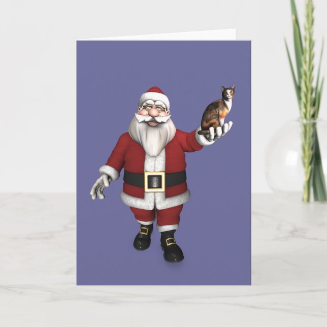 Tarjeta Festiva Santa Claus con gato calico (Anverso)