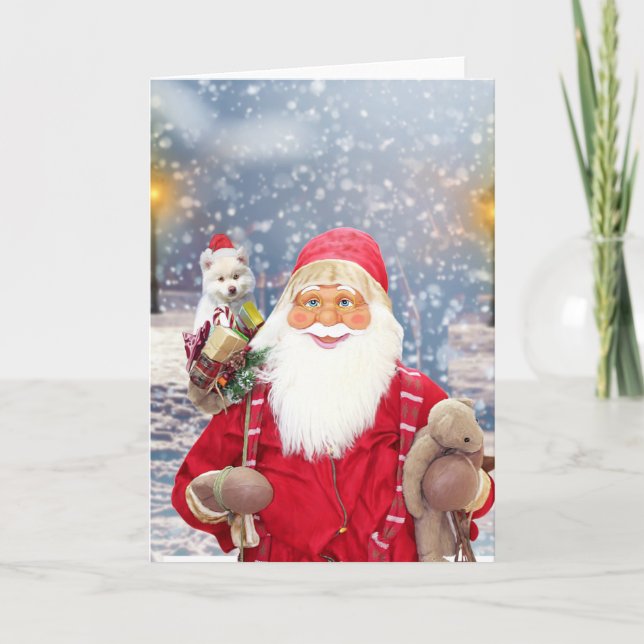 Tarjeta Festiva Santa Claus con Navidades regalos del perro esquim (Anverso)