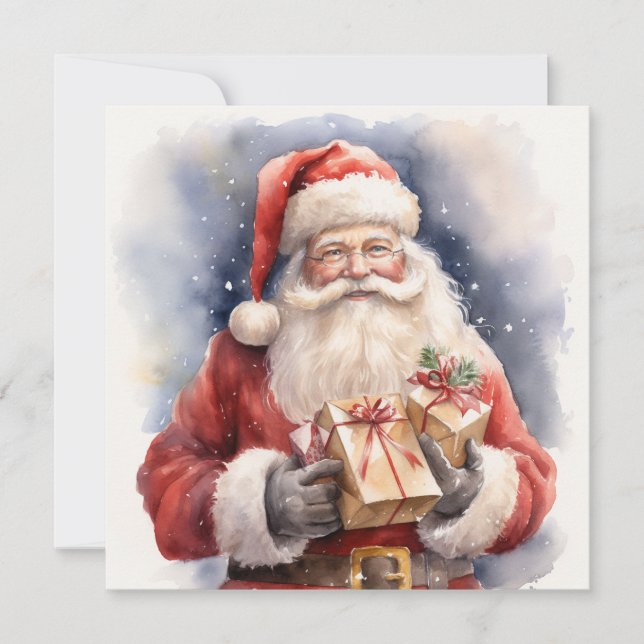 Tarjeta Festiva Santa Claus con regalos y alegría (Anverso)