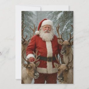 Tarjeta Festiva santa claus con renos y madera nevada