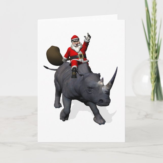 Tarjeta Festiva Santa Claus corre rinoceronte (Anverso)