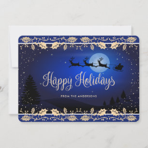 Tarjeta Festiva Santa Claus de Holly Snow Blue Gold