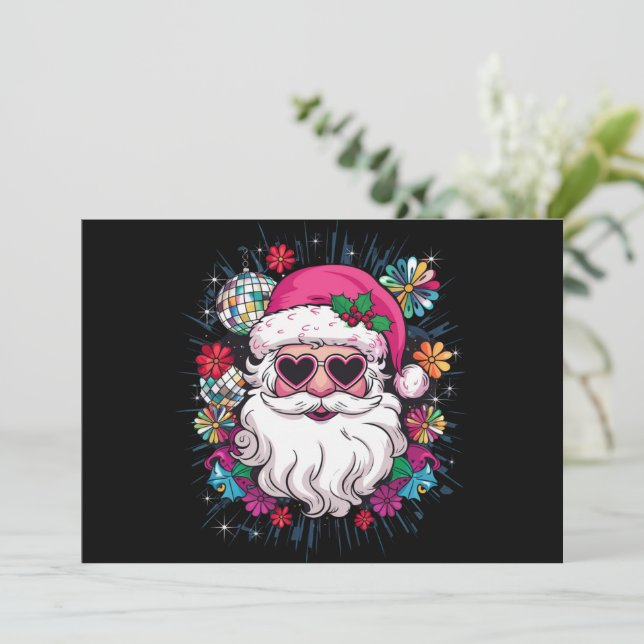 Tarjeta Festiva Santa Claus de rosa disco Navidades divertidas fie (Anverso de pie)