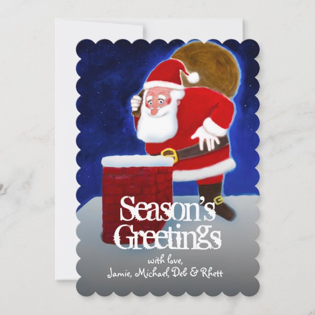 Tarjeta Festiva Santa Claus en el tejado, mirando en la chimenea (Anverso)