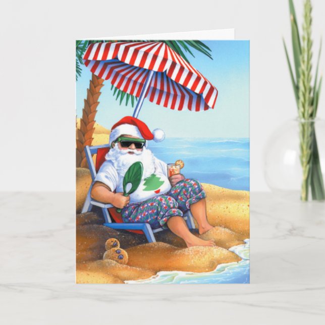 Tarjeta Festiva Santa Claus en la playa (Anverso)