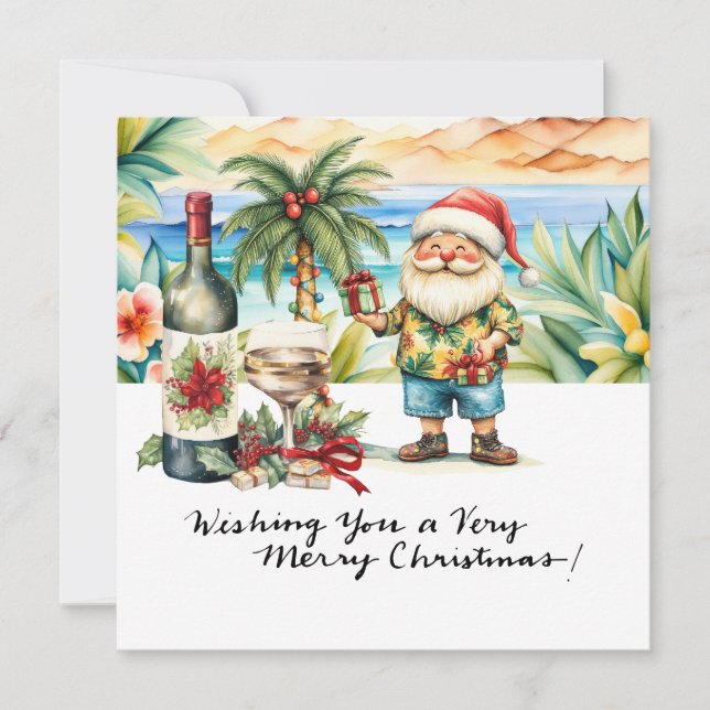 Tarjeta Festiva SANTA CLAUS en la playa de Hawaii para Navidades (Anverso)