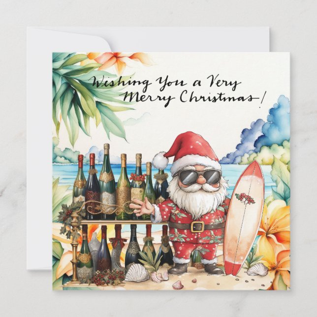 Tarjeta Festiva SANTA CLAUS en la playa de Hawaii para Navidades (Anverso)