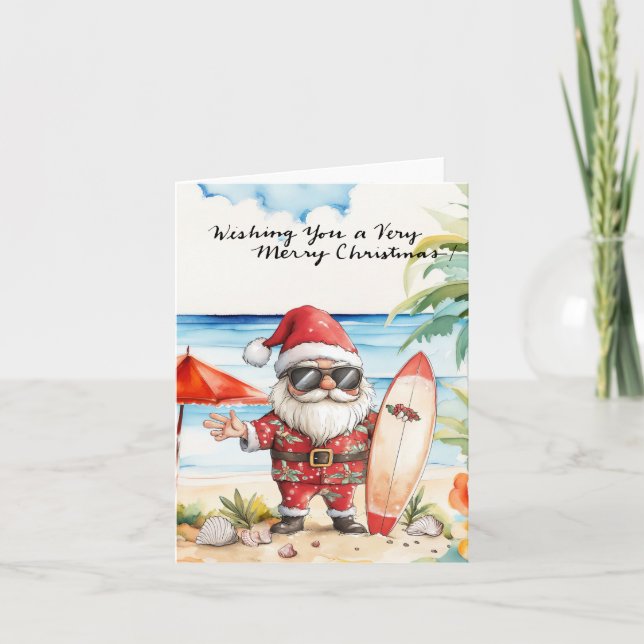 Tarjeta Festiva SANTA CLAUS en la playa de Hawaii para Navidades (Anverso)
