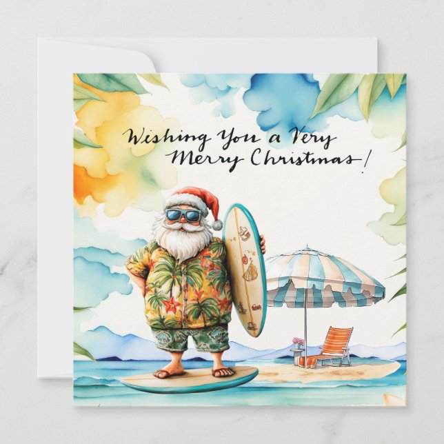 Tarjeta Festiva SANTA CLAUS en la playa de Hawaii para Navidades (Anverso)