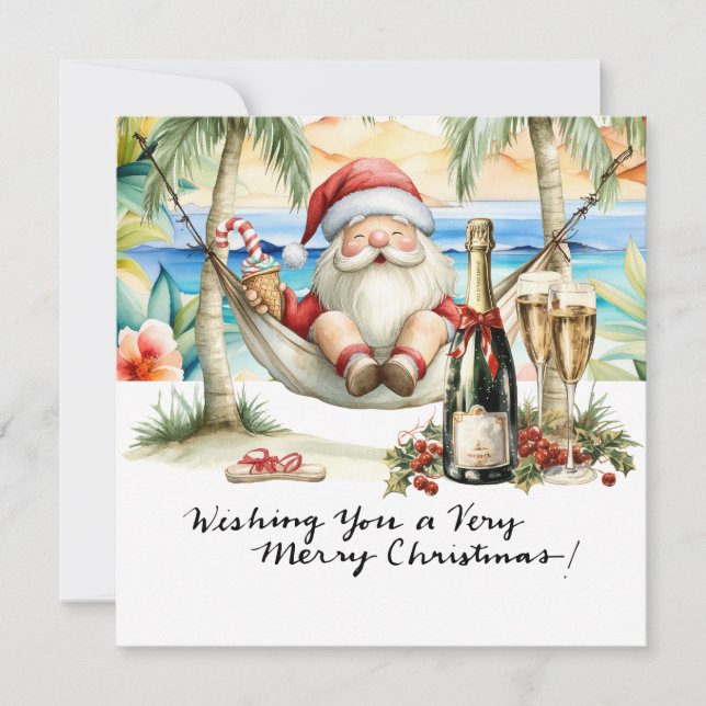 Tarjeta Festiva SANTA CLAUS en la playa de Hawaii para Navidades (Anverso)