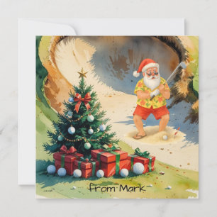 Tarjeta Festiva Santa Claus está jugando golf en el campo de golf 