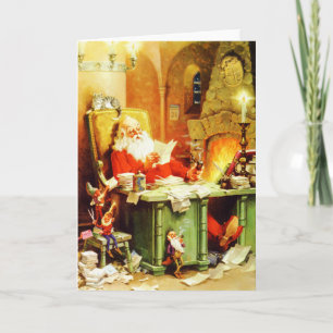 Tarjeta Festiva Santa Claus hace su lista, la revisa dos veces