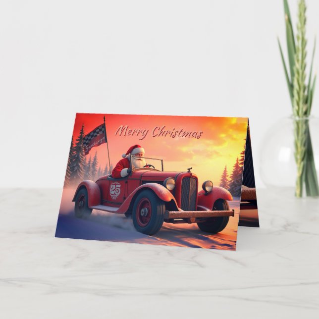 Tarjeta Festiva Santa Claus In A Racecar  (Anverso)