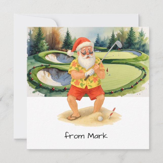 Tarjeta Festiva Santa Claus is golfing on golf course at Baunker (Anverso)