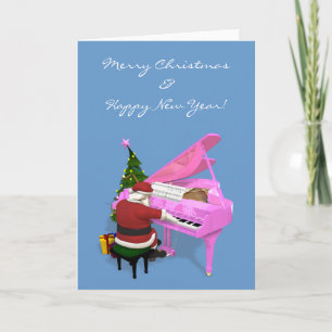 Tarjeta Festiva Santa Claus juega al piano rosa