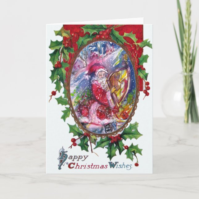 TARJETA FESTIVA SANTA CLAUS JUGANDO HARP A LA LUZ DE LA LUNA (Anverso)