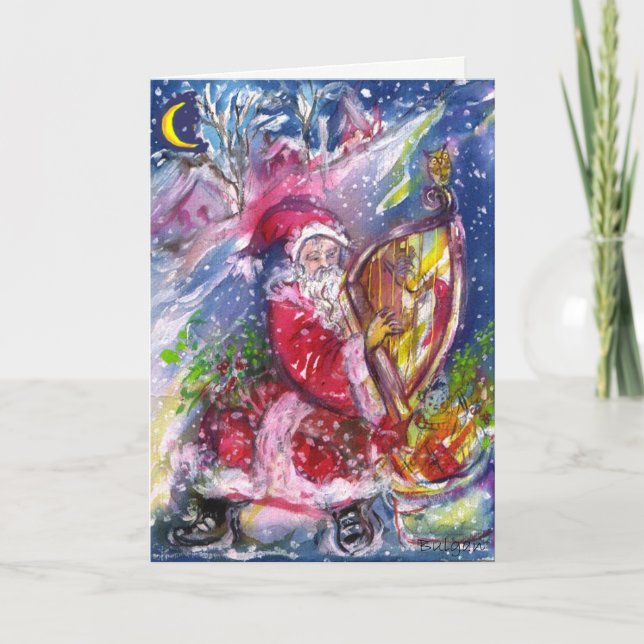 Tarjeta Festiva SANTA CLAUS JUGANDO Música Nocturna Navidades HARP (Anverso)