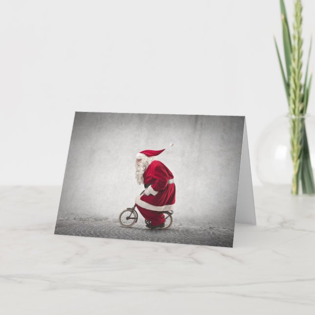 Tarjeta Festiva Santa Claus monta una bicicleta (Anverso)