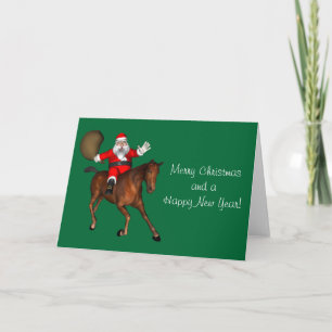Tarjeta Festiva Santa Claus montando un caballo marrón