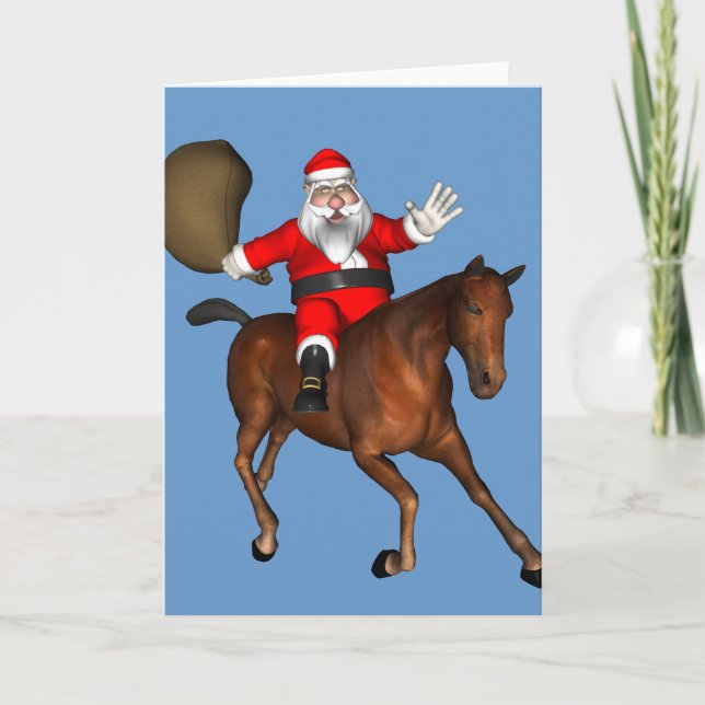 Tarjeta Festiva Santa Claus montando un caballo marrón (Anverso)