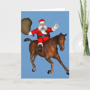 Tarjeta Festiva Santa Claus montando un caballo marrón