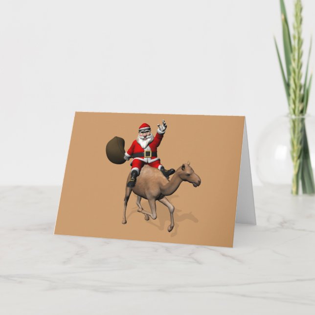 Tarjeta Festiva Santa Claus montando un camello (Anverso)