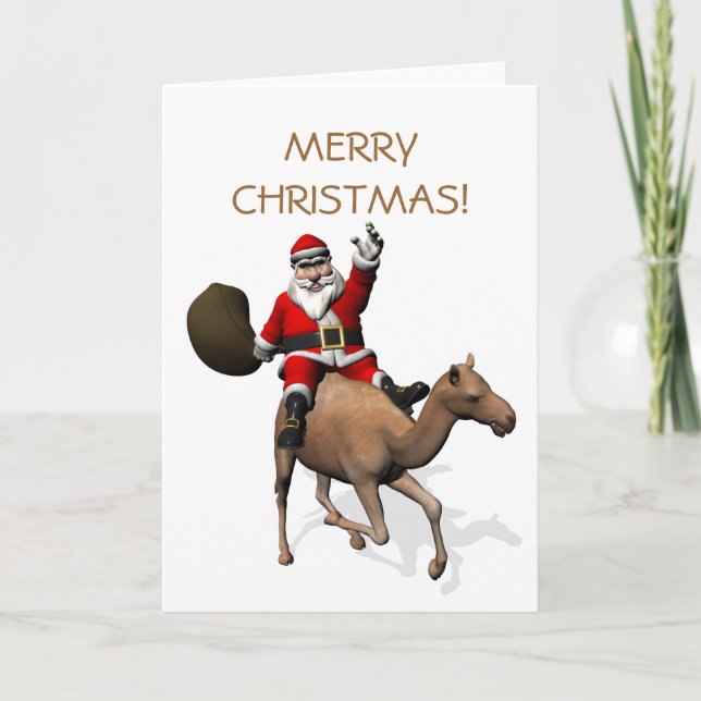 Tarjeta Festiva Santa Claus montando un camello (Anverso)