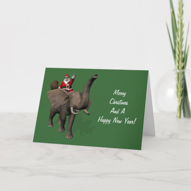 Tarjeta Festiva Santa Claus montando un elefante (Anverso)