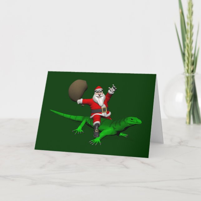 Tarjeta Festiva Santa Claus montando un lagarto verde (Anverso)