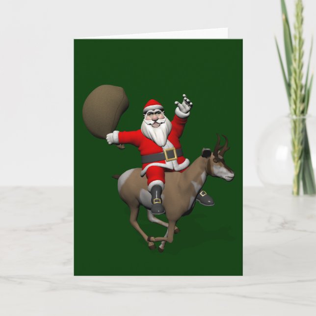 Tarjeta Festiva Santa Claus montando un Pronghorn (Anverso)