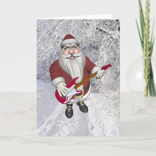 Tarjeta Festiva Santa Claus musical con guitarra eléctrica roja (Anverso)