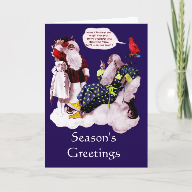 TARJETA FESTIVA SANTA CLAUS, PEQUEÑO ANGEL Y FIESTA DE MERLIN XMAS (Anverso)