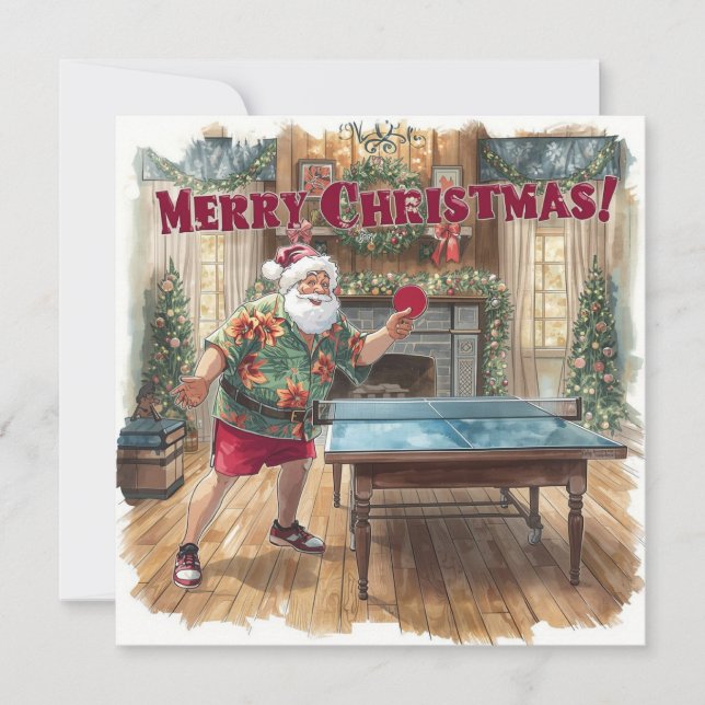 Tarjeta Festiva Santa Claus playing ping pong in a Hawaiian shirt (Anverso)