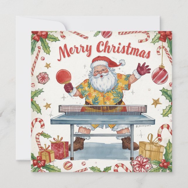 Tarjeta Festiva Santa Claus playing ping pong in a Hawaiian shirt (Anverso)