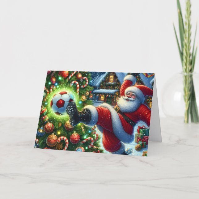 Tarjeta Festiva Santa Claus Playing Soccer Christmas (Anverso)