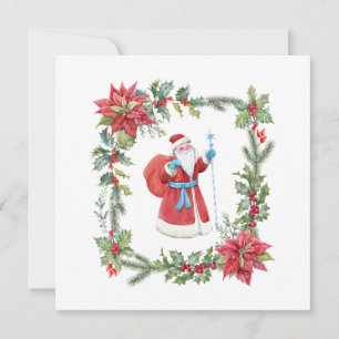 Tarjeta Festiva Santa Claus, Poinsettia Roja y Holly Berry