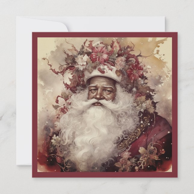 Tarjeta Festiva Santa Claus Rococó Negro Barba Blanca Verdor de Ci (Anverso)