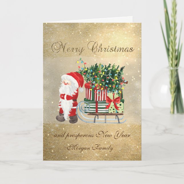 Tarjeta Festiva Santa Claus, Sleigh, Pine Tree, Presents, Purpurin (Anverso)