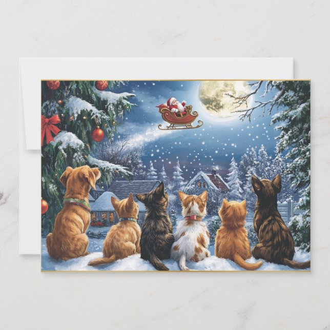 Tarjeta Festiva Santa Claus sobre el bosque de invierno iluminado  (Anverso)