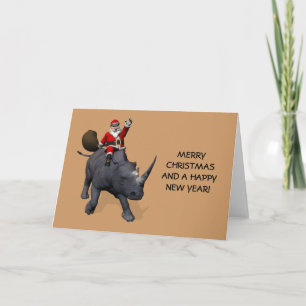 Tarjeta Festiva Santa Claus Sobre Rinocerontes