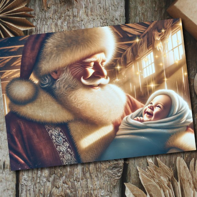 Tarjeta Festiva Santa Claus sostiene a los Navidades del Niño Jesú (Subido por el creador)