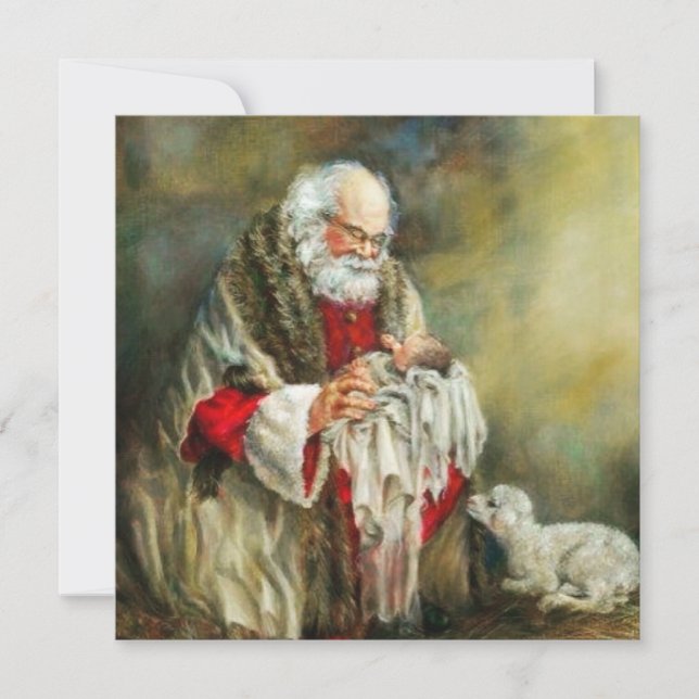 Tarjeta Festiva Santa Claus sostiene al niño Jesús (Anverso)
