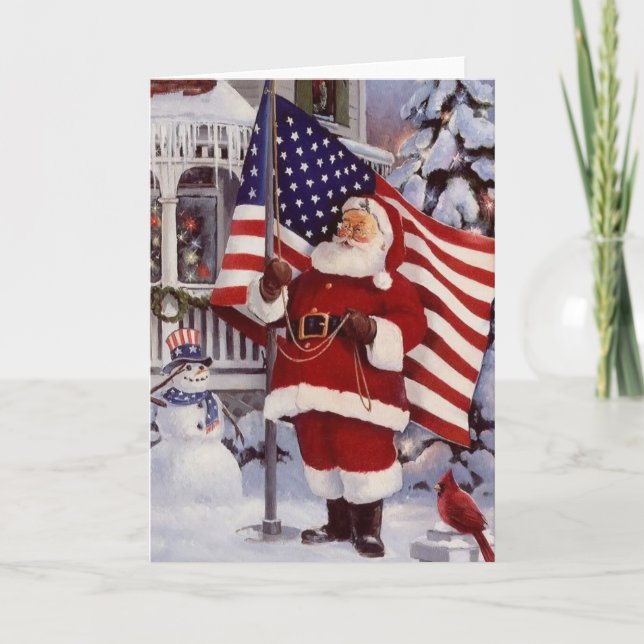 Tarjeta Festiva Santa Claus sostiene la bandera estadounidense (Anverso)