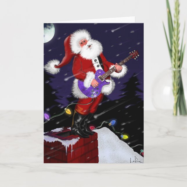 Tarjeta Festiva Santa Claus tocando guitarra eléctrica (Anverso)