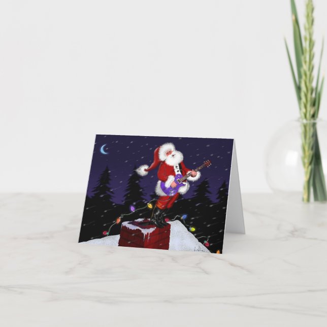 Tarjeta Festiva Santa Claus tocando guitarra eléctrica (Anverso)