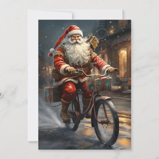 Tarjeta Festiva Santa Claus viajando en bicicleta por los Navidade (Anverso)