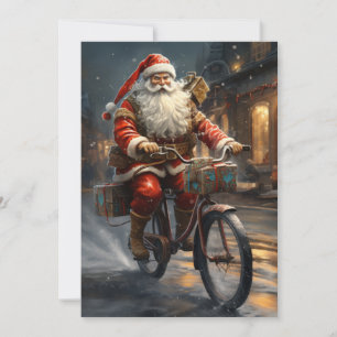 Tarjeta Festiva Santa Claus viajando en bicicleta por los Navidade
