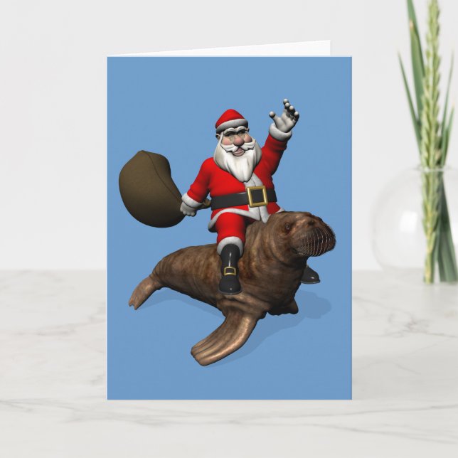 Tarjeta Festiva Santa Claus Viajando En Walrus (Anverso)