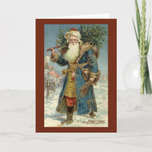 Tarjeta Festiva Santa Claus Victoriano Antiguo con árbol de Navida