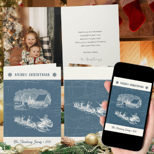 Tarjeta Festiva Santa Claus vintage azul pizarra trineo renos Navi